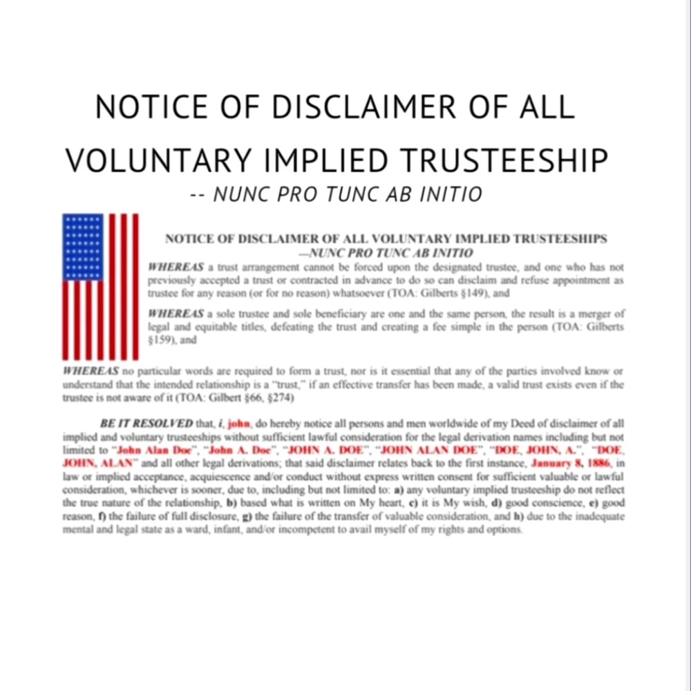 ✅️ Notice of Disclaimer of All Voluntary implied Trusteeship.